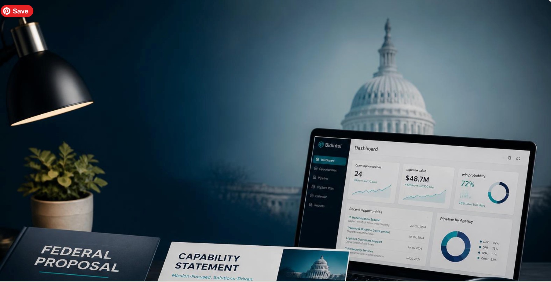 Government contracting dashboard on a desk with the U.S. Capitol in the background